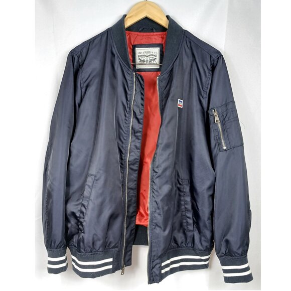 Levi's Retro Stripe Rib Knit Satin Bomber Jacket in Navy Blue Like New - Picture 6 of 9